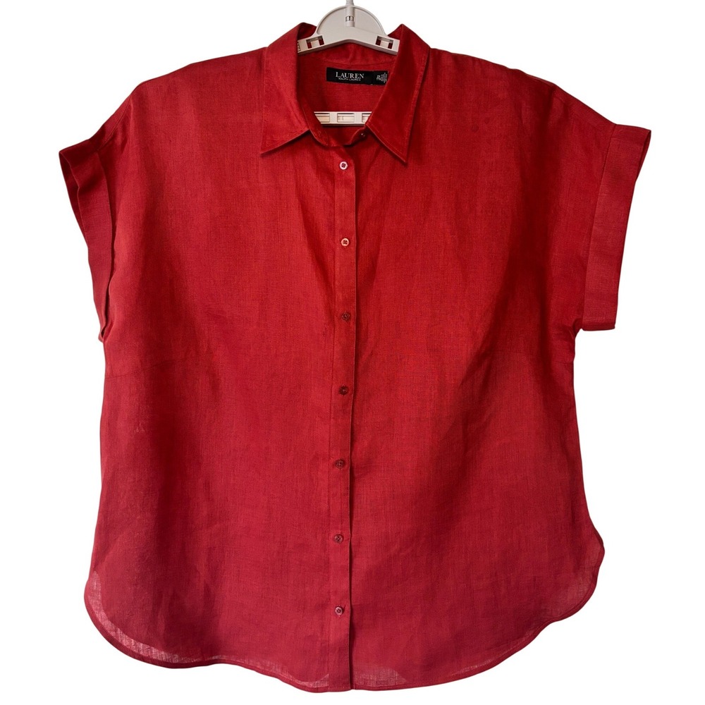 Lauren Ralph Lauren Shirt Women 2X Rust Linen Short Sleeve Cuffed Tunic Top
